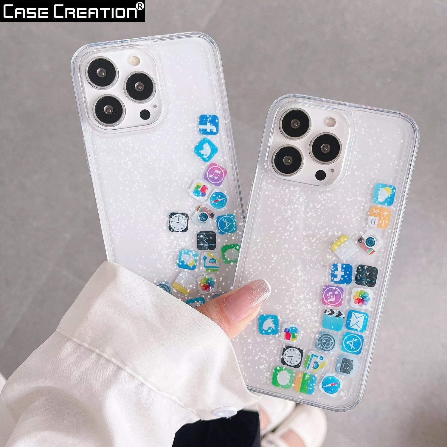 Liquid Glitter Bling Quicksand with iOS Acrylic Icon Sparkle Floating App Case