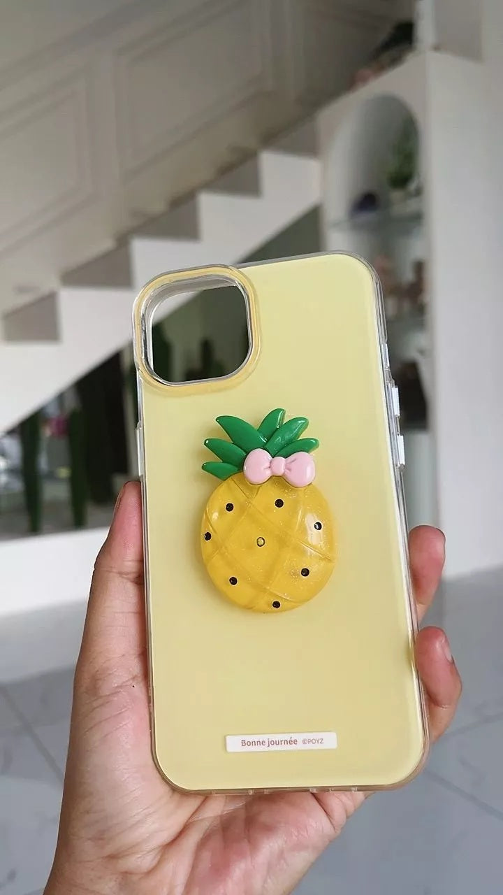 3D Yellow Pineapple Aesthetic Clay Art Soft Silicone with Pink Bow Accent for Girls & Women (Soft Sunshine & Tropical Gold)