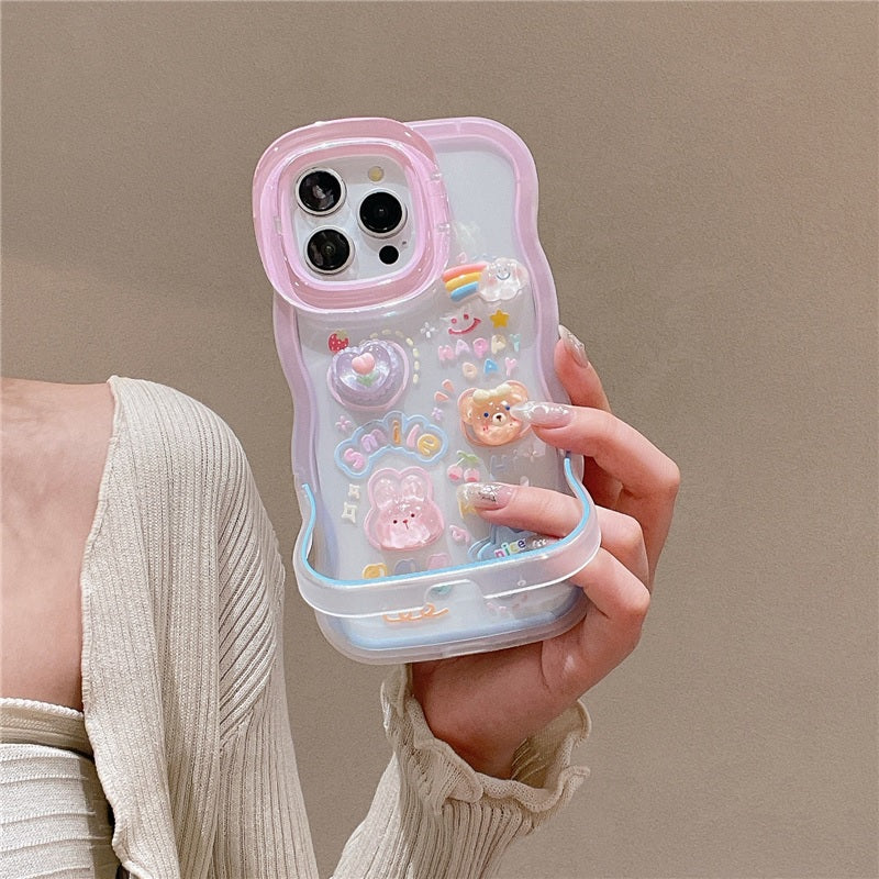 3D Cute Creative Bear Flower Cartoon Rabbit Star Floral Decor Wave Curly Invisible Double Phone Stand Holder