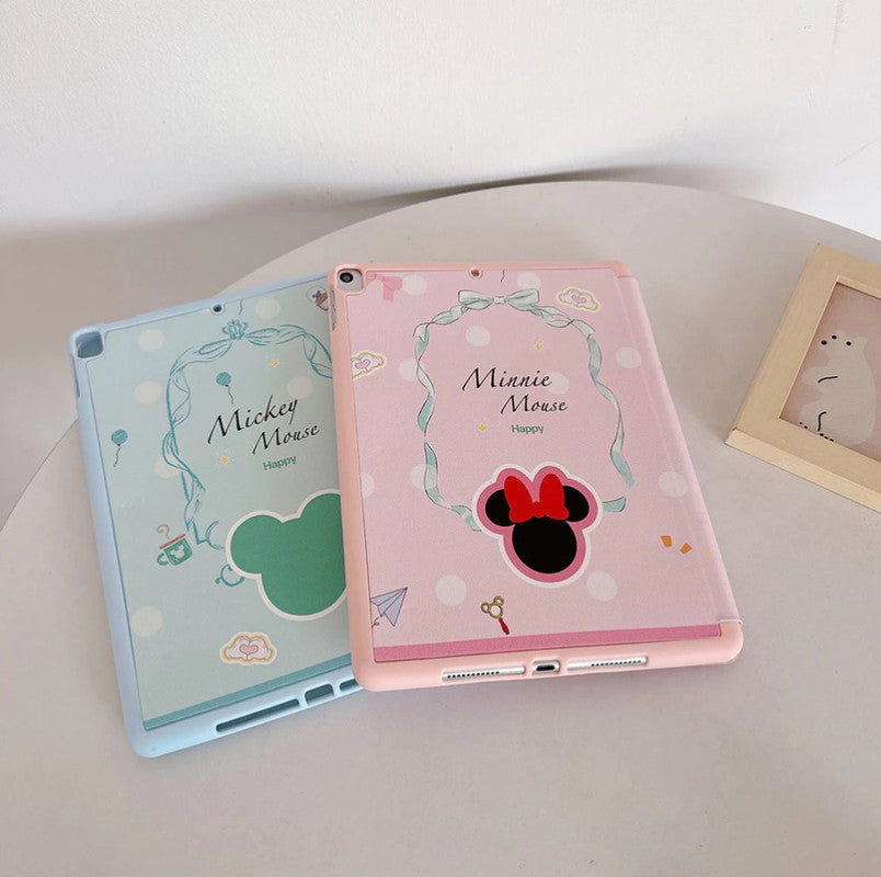 3D Cute Cartoon Mickey Happy Mouse PU Leather Tablet iPad Flip Case,Gaming Auto Wake/Sleep Colorful Floral Stand with Pencil Holder Cover