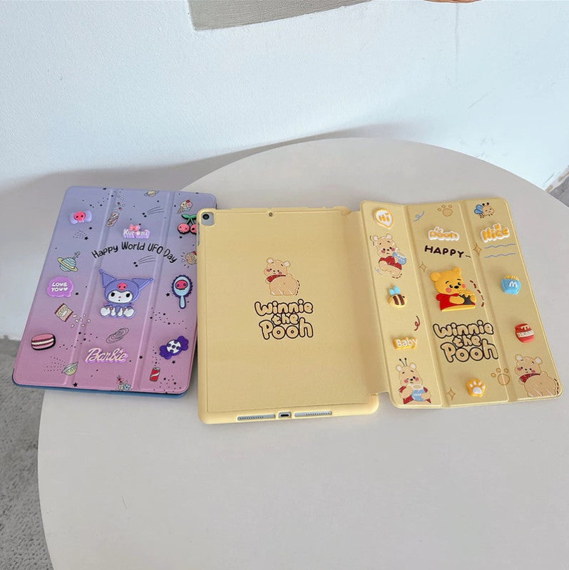 3D Cute Cartoon Winnie The Pooh PU Leather Tablet iPad Flip Case,Candy Auto Wake/Sleep Colorful Floral Stand with Pencil Holder Cover