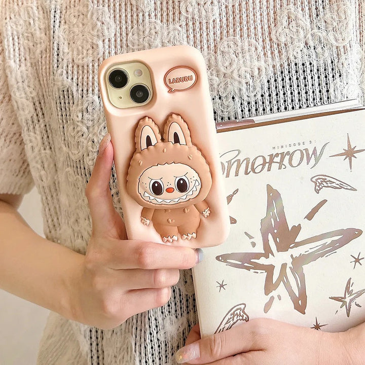 3D Labubu Cartoon Cute Plush Love Cream Brown Phone Holder Plush Pop Aesthetic Case