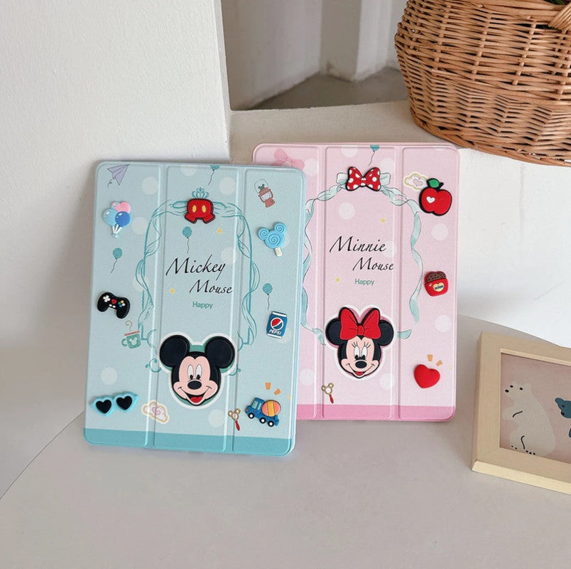 3D Cute Cartoon Mickey Happy Mouse PU Leather Tablet iPad Flip Case,Gaming Auto Wake/Sleep Colorful Floral Stand with Pencil Holder Cover
