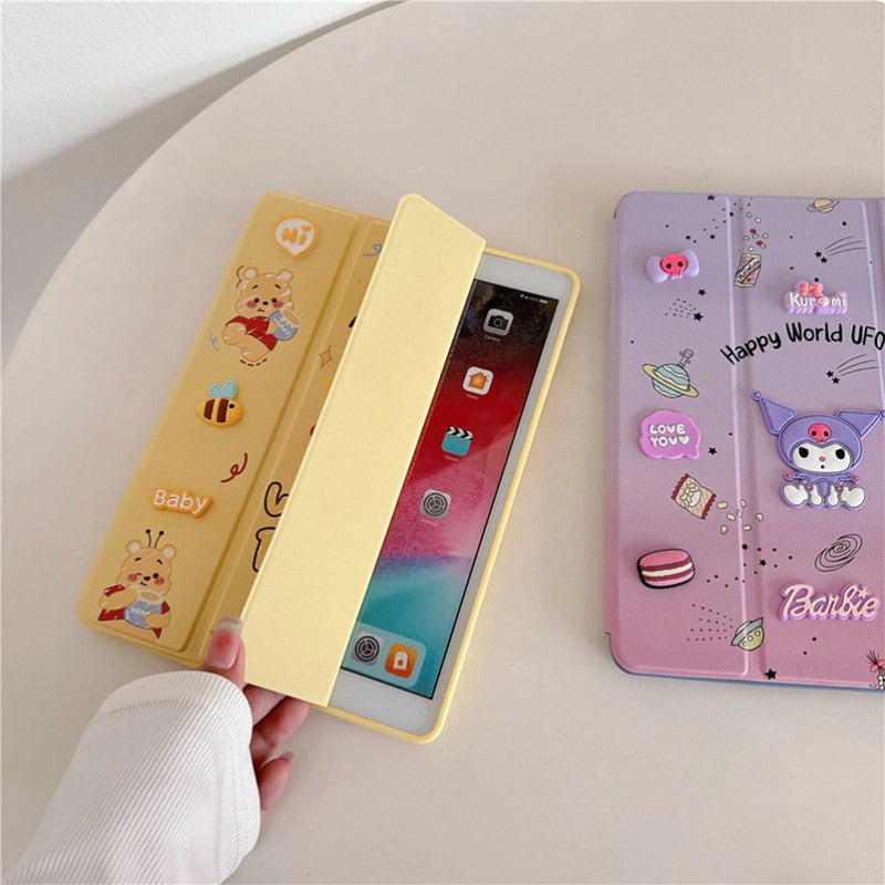 3D Cute Cartoon Kuromi Barbie PU Leather Tablet iPad Flip Case,Candy Auto Wake/Sleep Colorful Floral Stand with Pencil Holder Cover