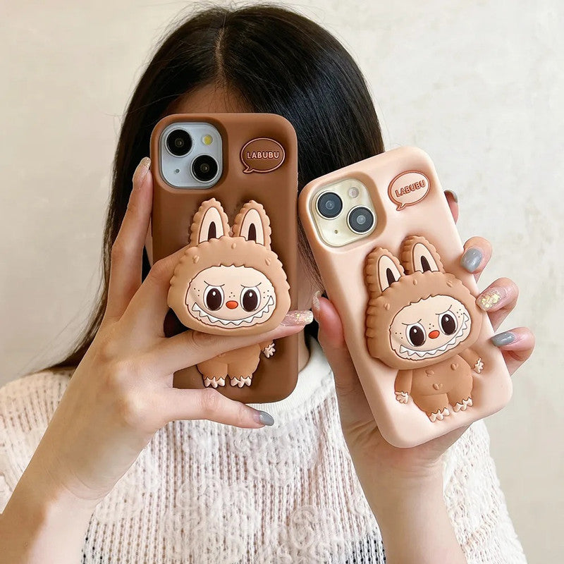 3D Labubu Cartoon Cute Plush Love Cream Brown Phone Holder Plush Pop Aesthetic Case