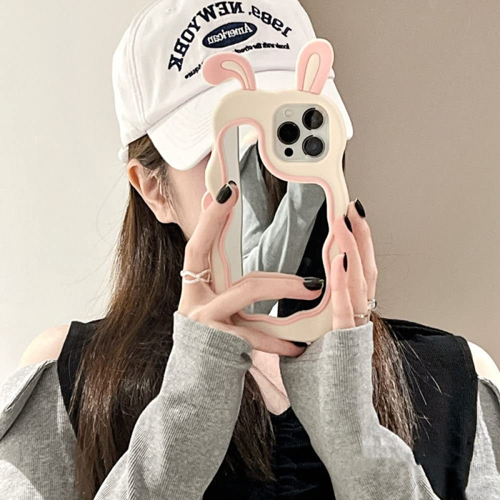 3D Bunny Cartoon Ears Rabbit Wavy Mirror Stereo Kawaii Curvy Makeup Cover
