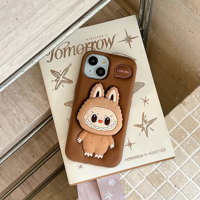 3D Labubu Cartoon Cute Plush Love Dark Brown Phone Holder Plush Pop Aesthetic Case