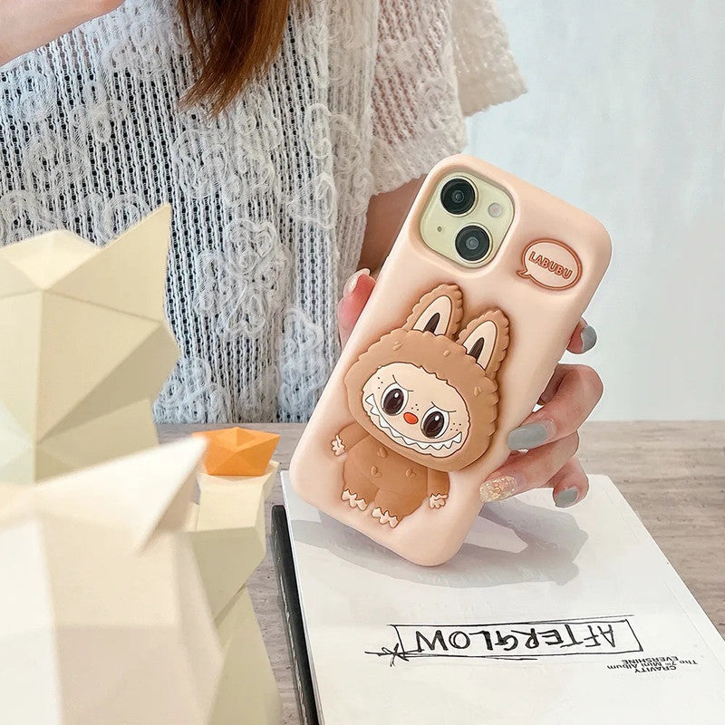 3D Labubu Cartoon Cute Plush Love Cream Brown Phone Holder Plush Pop Aesthetic Case