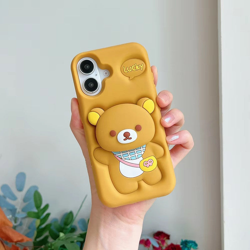 3D Rilakkuma Bear Cartoon Lucky Teddy Bear Love Pastel Brown with Pop Phone Holder