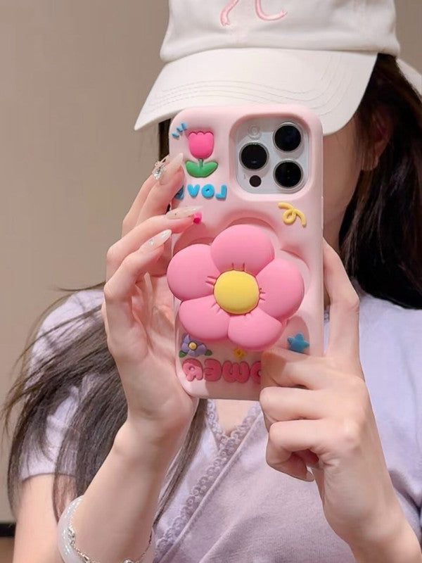 3D Flower Petal Love Cartoon Kawaii Adorable Cute Lovely Kitty Pink Floral Pop Case with Holder