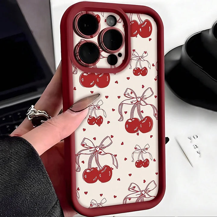 3D Ribbon Hot Red Cherry Pattern Bow Cute Design Fashion Aesthetic Case