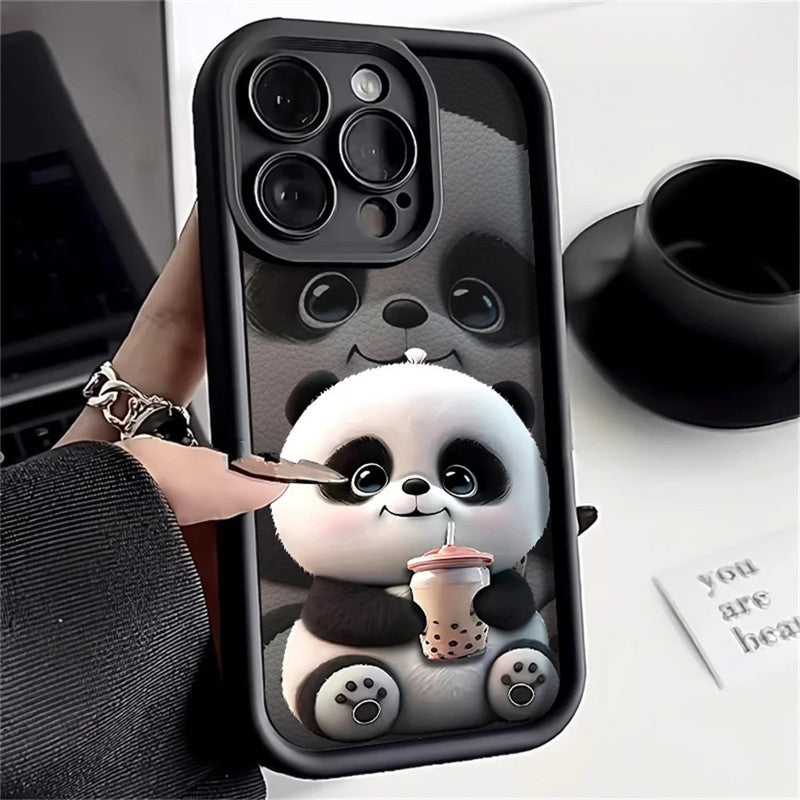 Black Panda Pattern Hot 3D Teddy Bear Boba Tea Cute Design Drinking Coffee Print Cover