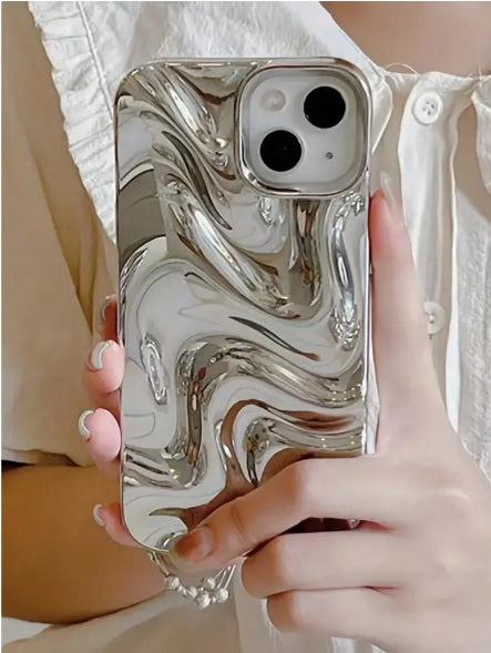 Metallic Silver Swirl Hot 3D Minimalist Faux Wave Cute Design Aesthetic Cover for Girls