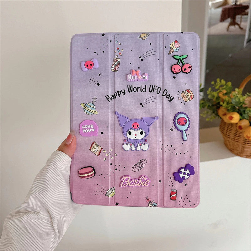 3D Cute Cartoon Kuromi Barbie PU Leather Tablet iPad Flip Case,Candy Auto Wake/Sleep Colorful Floral Stand with Pencil Holder Cover