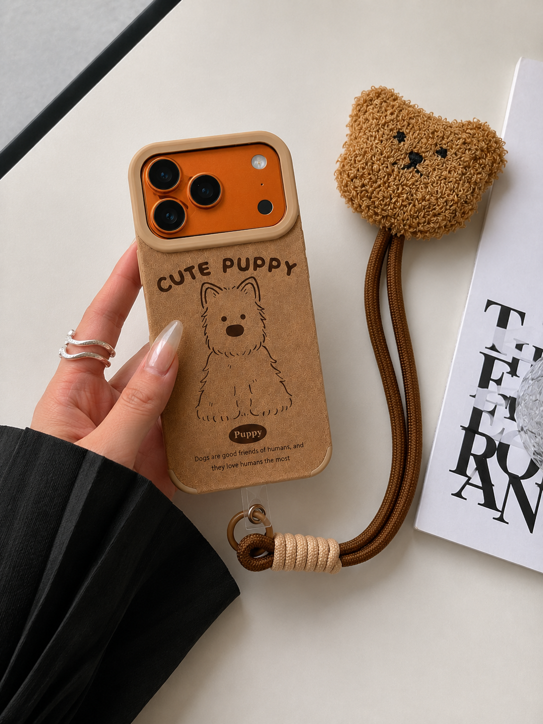 Cartoon Doll Teddy Bear Phone Case with Plush Teddy Lanyard Cute Puppy Dog Brown Wrist Strap Cover