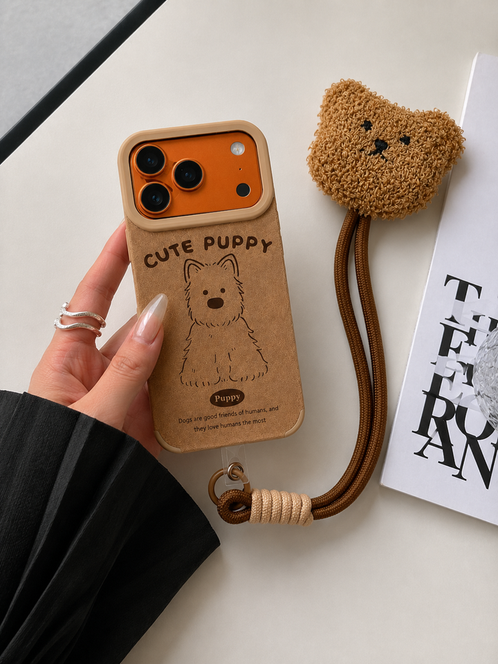 Cartoon Doll Teddy Bear Phone Case with Plush Teddy Lanyard Cute Puppy Dog Brown Wrist Strap Cover