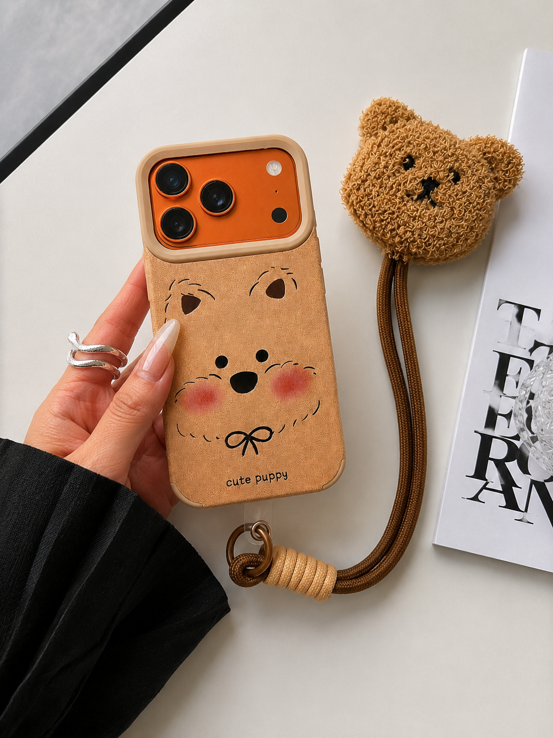 Leather Texture Cartoon Doll Teddy Bear Phone Case with Plush Teddy Lanyard Wrist Strap Puppy Face Brown Cover