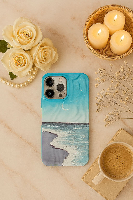 Aesthetic Ocean Wave Sky Design Luxury Texture Trendy Retro Cute Blue Sea Moonlight 3D Wrinkle Case