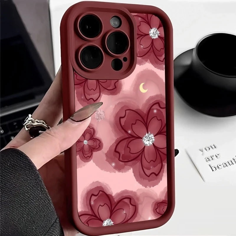 3D Hot  Red Floral Sparkle Diamond Flower Cute Design Silicone Aesthetic Print Case