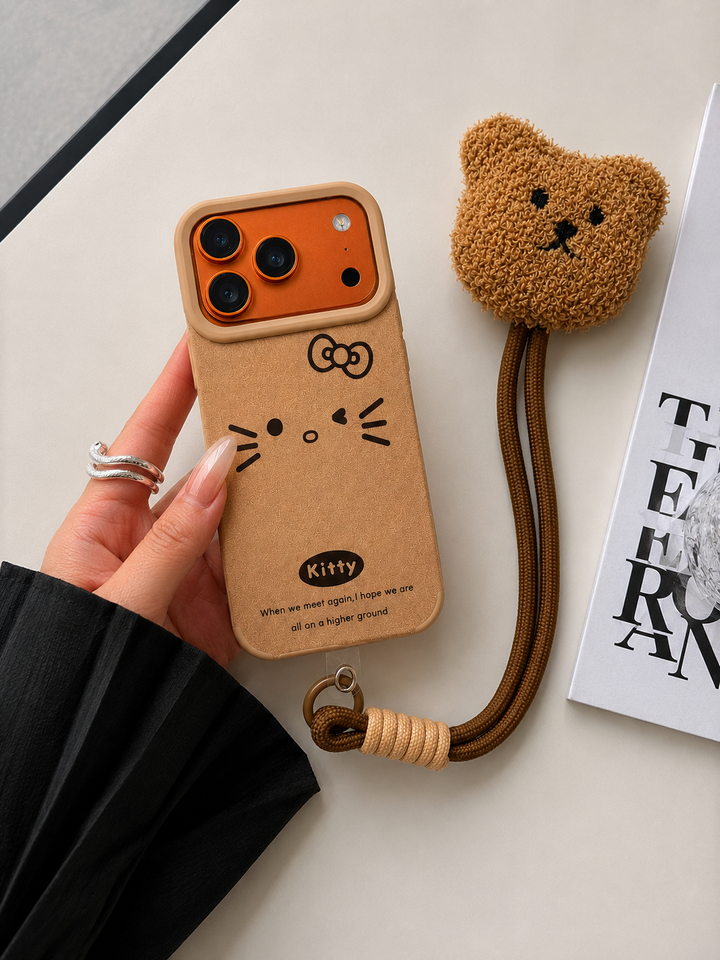 Cartoon Doll Teddy Bear Phone Case with Plush Teddy Lanyard Kitty Bow Pin Brown Wrist Strap Cover