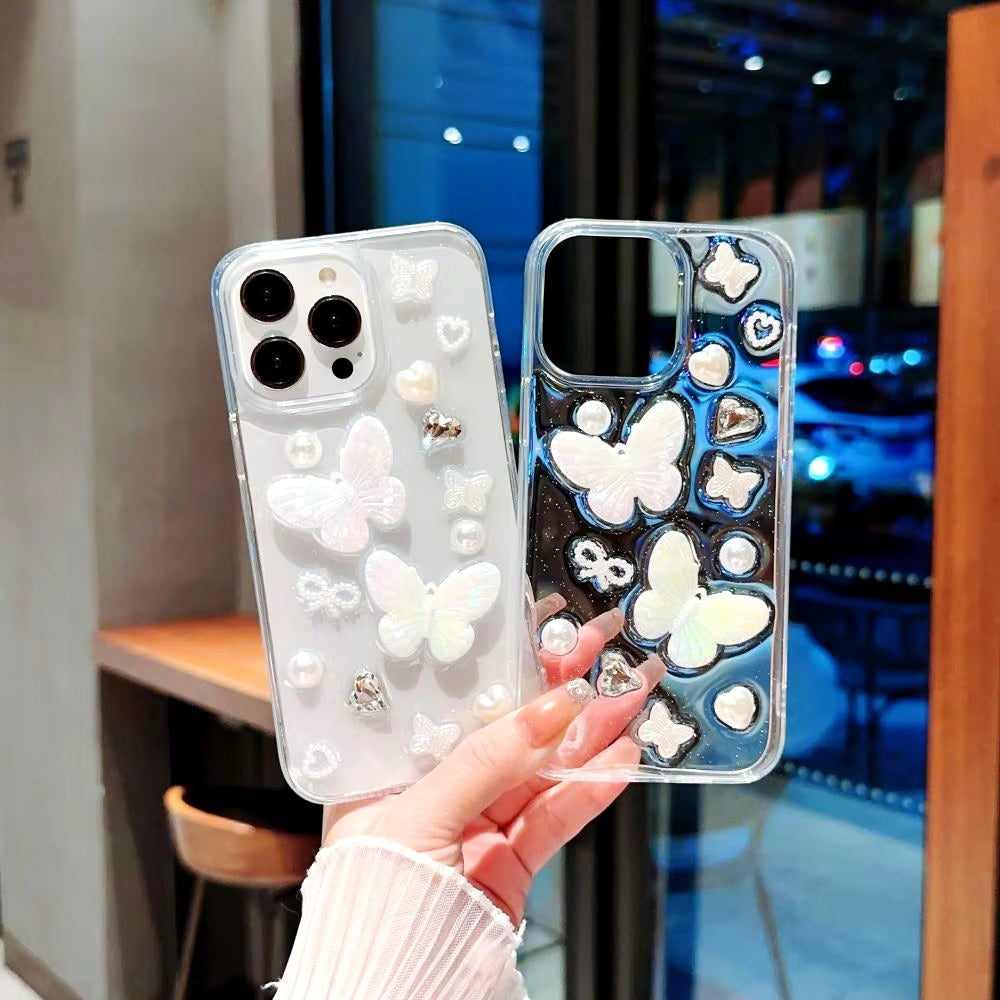 Luxury Translucent Butterfly Diamond Pearl Heart Resin Phone Case