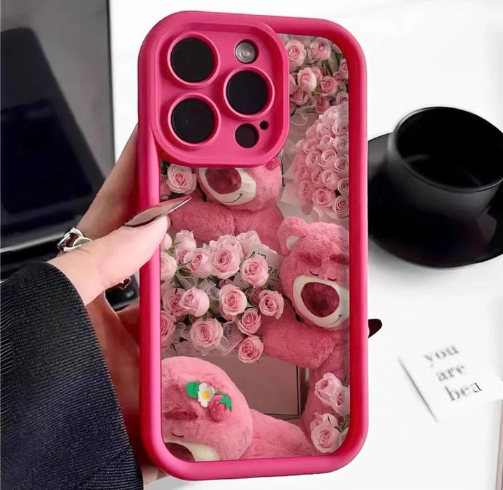Hot 3D Rose Bear Strawberry Teddy Flower Aesthetic Pattern Case - Pink