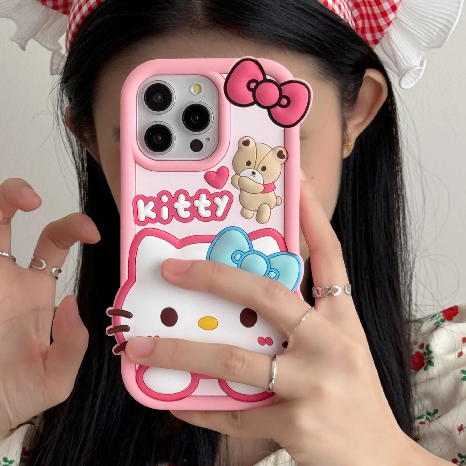 3D Cartoon Hello Kitty Bow Cat Doll Teddy Bear Case