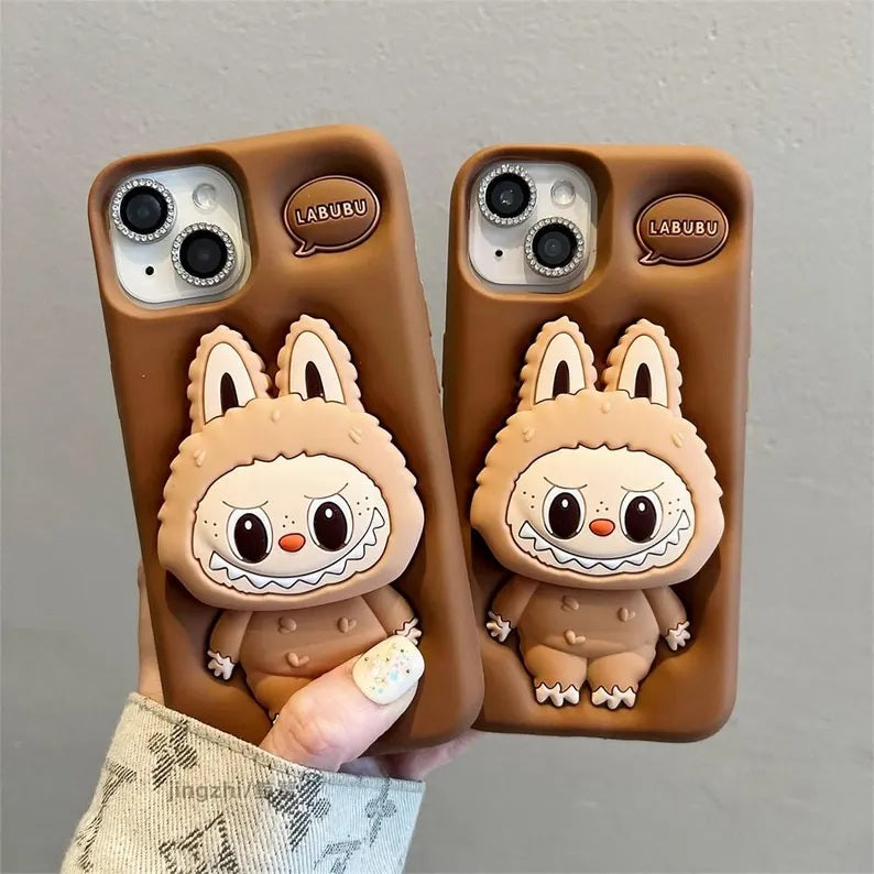 3D Labubu Cartoon Cute Plush Love Dark Brown Phone Holder Plush Pop Aesthetic Case