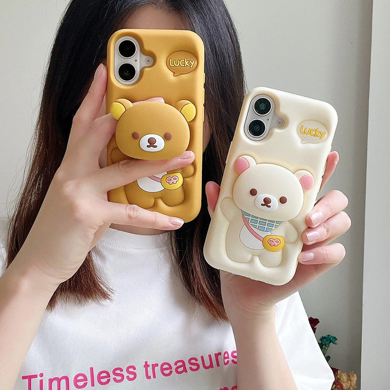 3D Rilakkuma Bear Cartoon Lucky Teddy Bear Love Pastel Brown with Pop Phone Holder