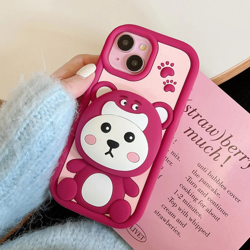 3D Strawberry Teddy Bear Makeup Mirror Cartoon Stand Case