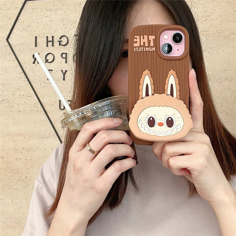 3D The Monster Labubu Mirror Cartoon Phone Holder Stand Makeup Brown Case