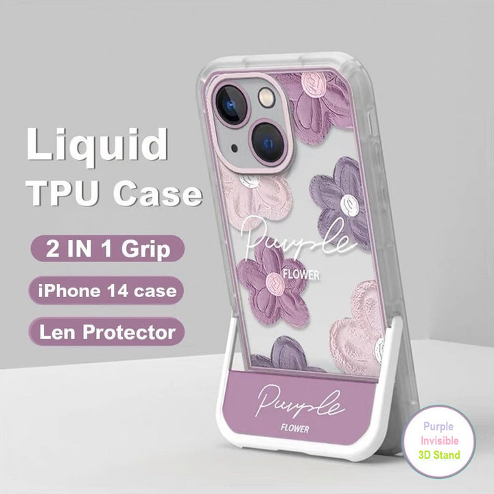 3D Cute Creative Purple Flower Cartoon Oil Painting Floral Decor Wave Curly Edge Invisible Stand Holder Case