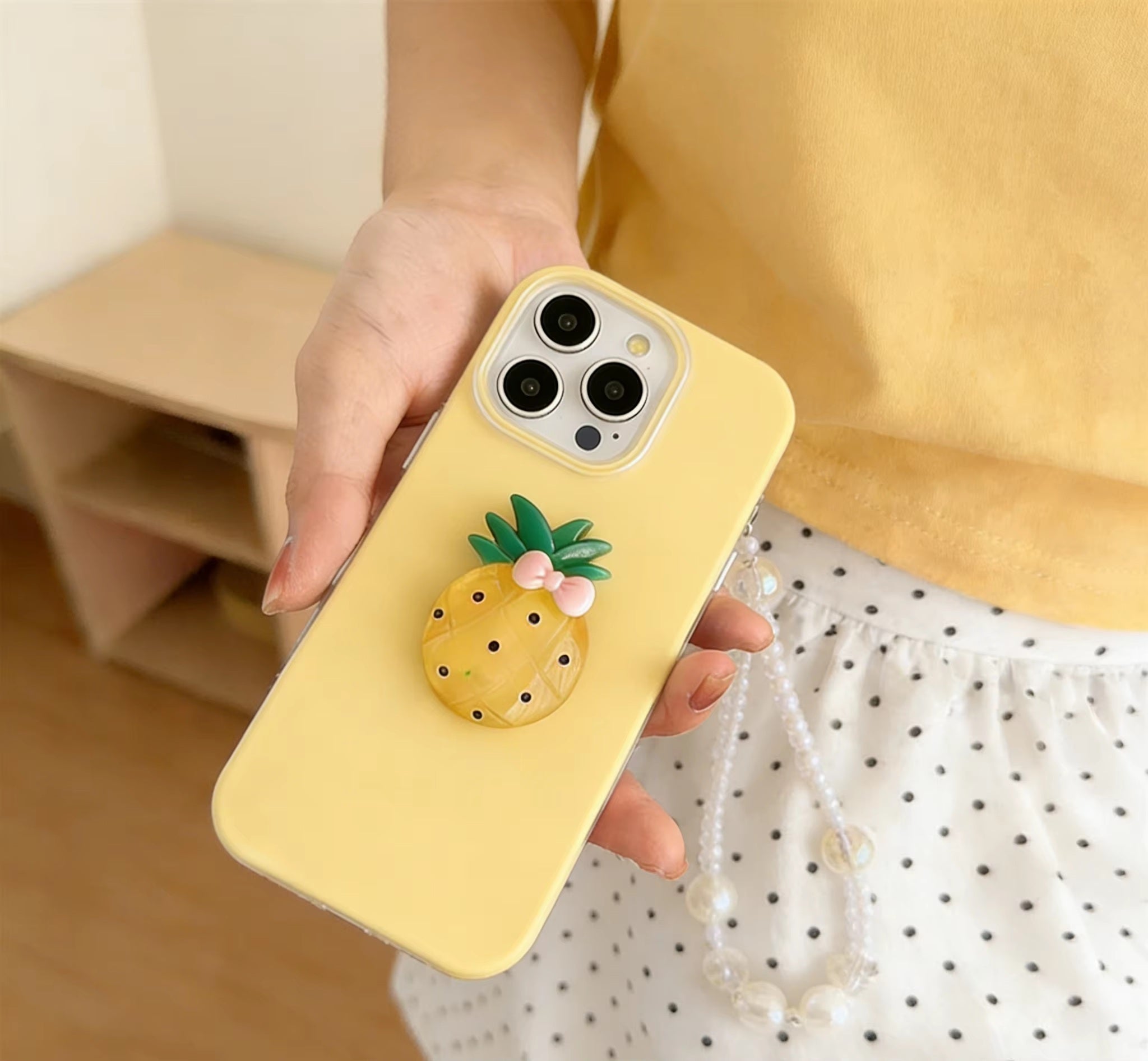 3D Yellow Pineapple Aesthetic Clay Art Soft Silicone with Pink Bow Accent for Girls & Women (Soft Sunshine & Tropical Gold)