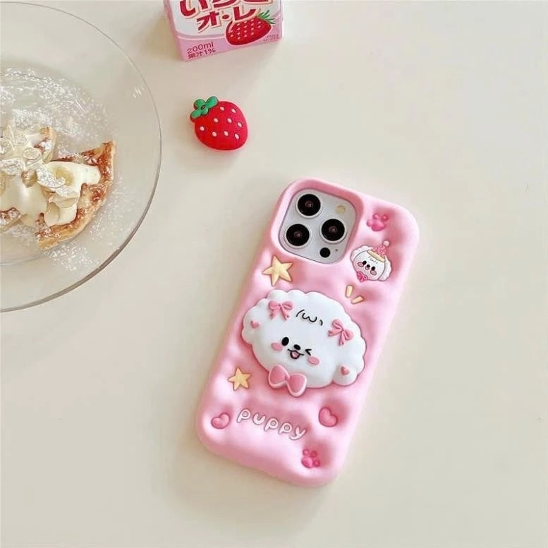 3D Puppy Knot Cartoon Dog Love Pastel Pink Phone Holder Kawaii Case