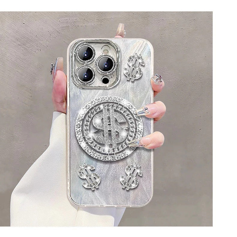3D Dollar Rotation Spinner Lens Glitter Diamond Silver Dream Casino Money Game Play Case