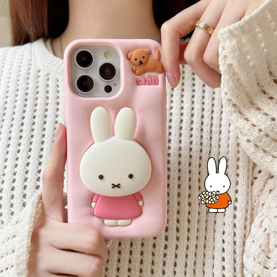 3D Miffies Bunny Cute Cartoon Kawaii Adorable Miffy Rabbit Pink Floral Pop Case with Holder