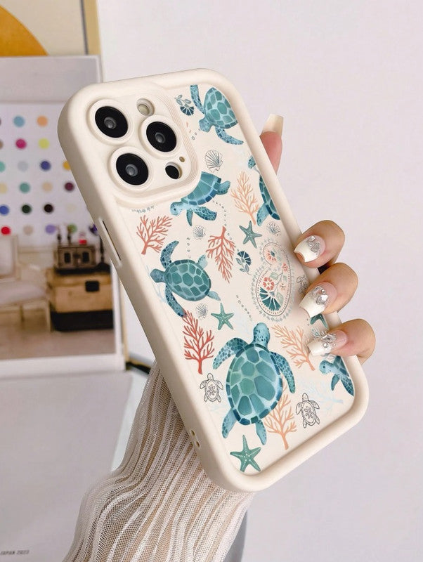 Sea Turtle Hot 3D Turtle Painting Concave Seaweed Coral Beach Cute Print Fashion Phone Case (Beige)