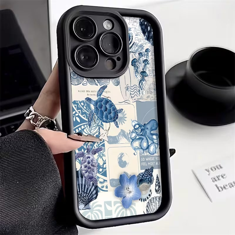 3D Blue Sea Turtle Back Case Hot Ocean Summer Vibe Floral Cute Design
