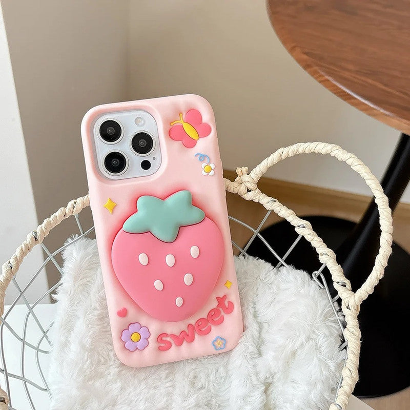 3D Strawberry Sweet Cartoon Kawaii Adorable Cute Lovely Butterfly Pink Pop Case with Holder