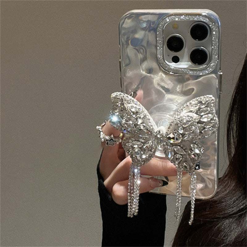 3D Butterfly Tassel Pop Diamond Holder Stand Wrinkle Glitter Bride Holographic Phone Case