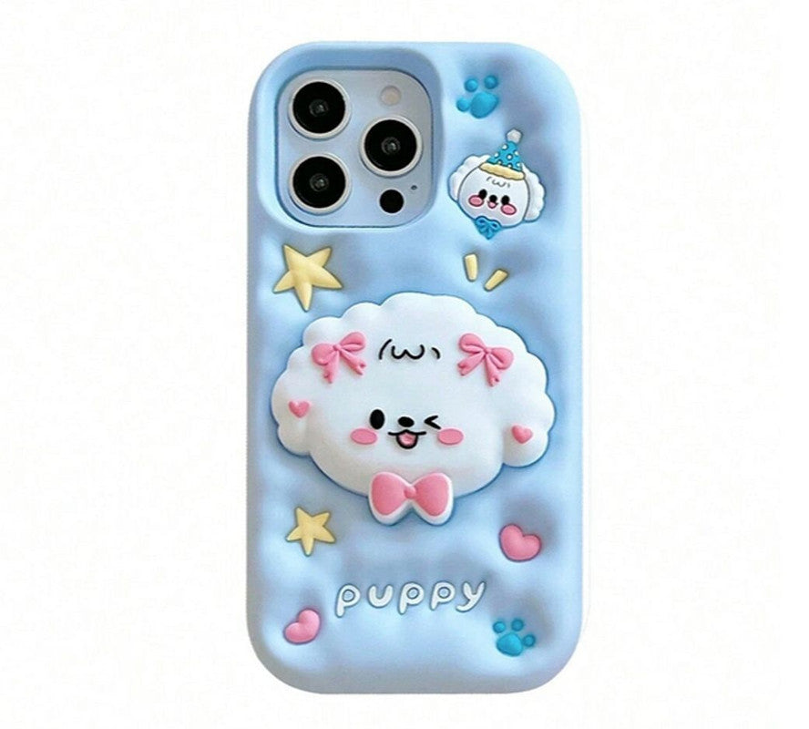 3D Puppy Knot Cartoon Dog Love Pastel Blue Phone Holder Kawaii Case