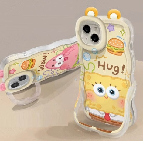 3D Cute Creative Sponge Bob Cartoon Rainbow Hug Floral Decor Wave Curly Invisible Double Phone Stand Case