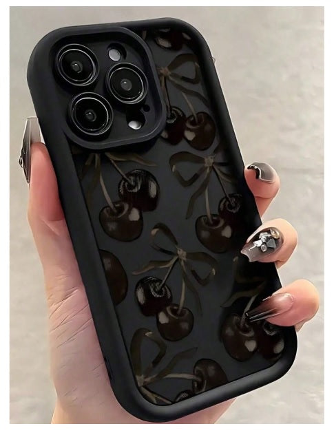 3D Cute Cherry BowKnot Back Case Cover Midnight Black Ribbon Design