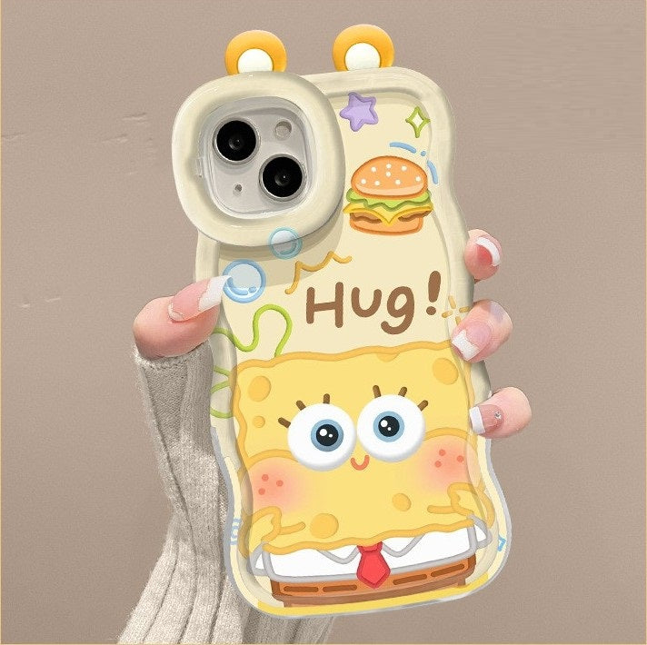 3D Cute Creative Sponge Bob Cartoon Rainbow Hug Floral Decor Wave Curly Invisible Double Phone Stand Case