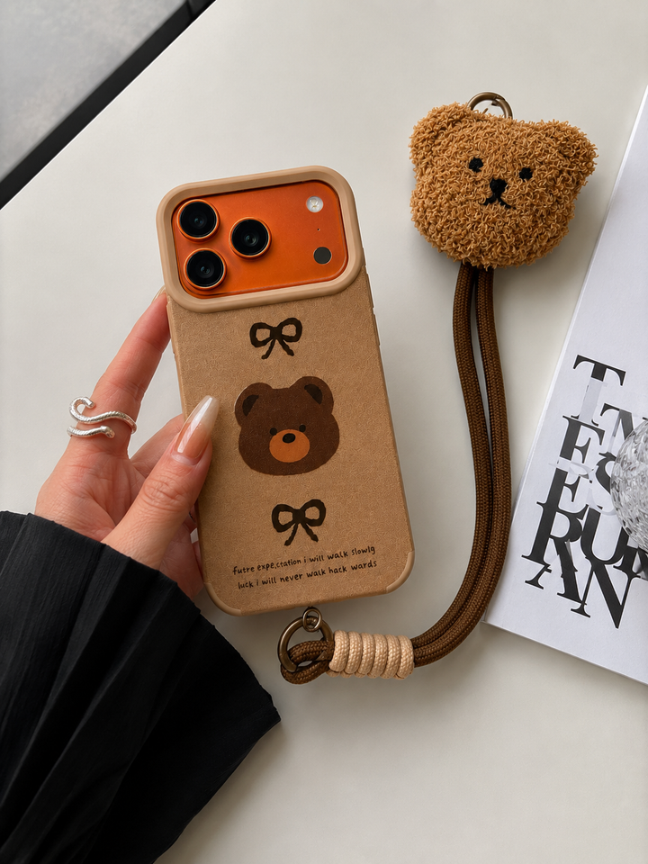 Leather Cartoon Teddy Bear Phone Case with Plush Teddy Lanyard Brown Teddy Wrist Strap Case