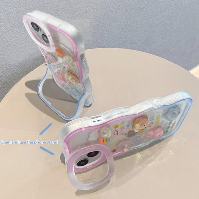 3D Cute Creative Bear Flower Cartoon Rabbit Star Floral Decor Wave Curly Invisible Double Phone Stand Holder