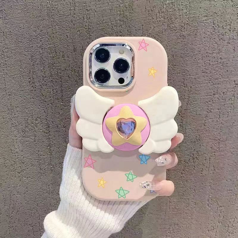 3D Cute Magical Fairy Angel Wings Folding fly Cartoon Magic Stars Heart Shaped Diamond Phone Stand Holder Case