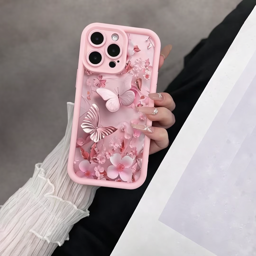 3D Pastel Butterfly Floral Blossom Art Flower Cute Design Back Case Cover - Baby Pink