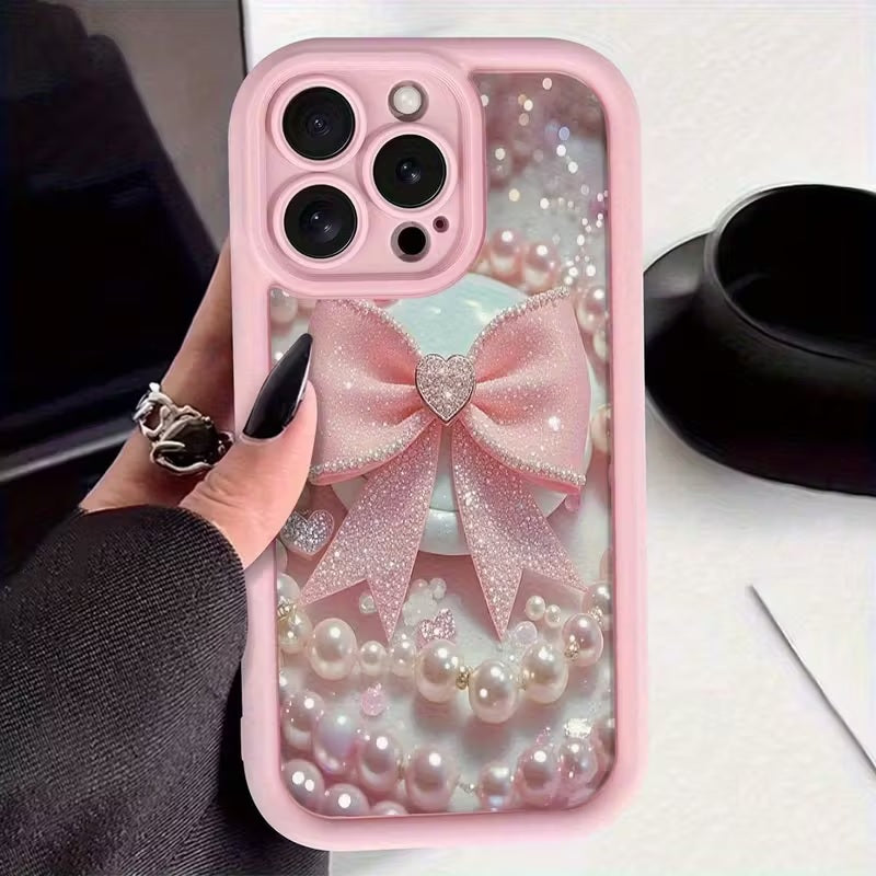 3D Hot Necklace BowKnot Pastel Pink Ribbon Bow Pearl Cute Design Silicone Aesthetic Print Case