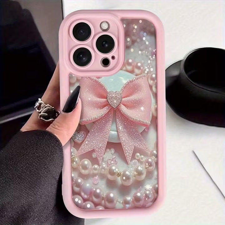3D Hot Necklace BowKnot Pastel Pink Ribbon Bow Pearl Cute Design Silicone Aesthetic Print Case